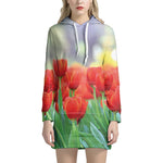 Red Tulip Print Hoodie Dress