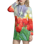 Red Tulip Print Hoodie Dress