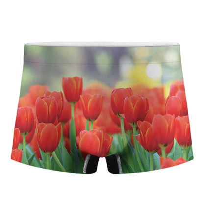 Red Tulip Print Men's Boxer Briefs