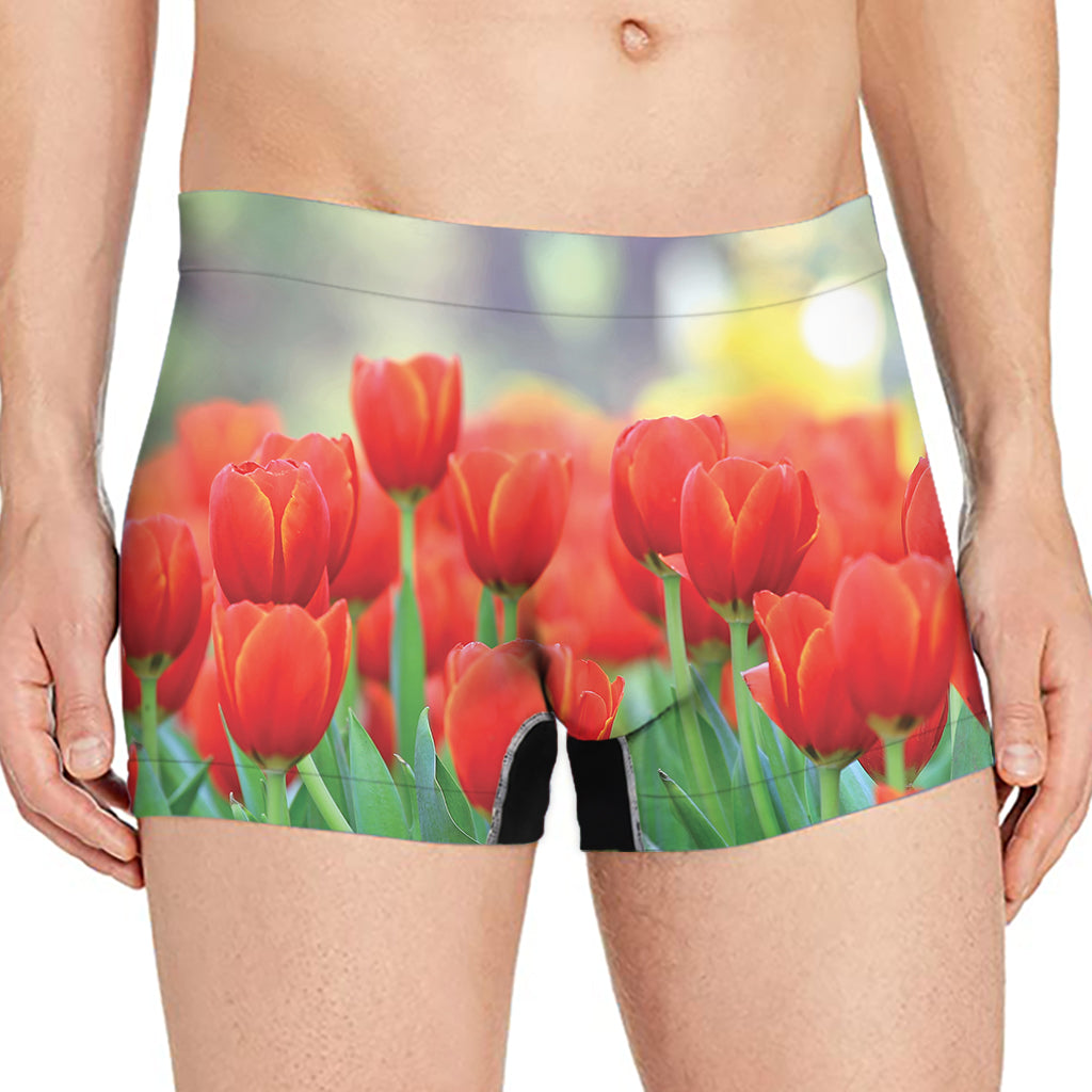 Red Tulip Print Men's Boxer Briefs