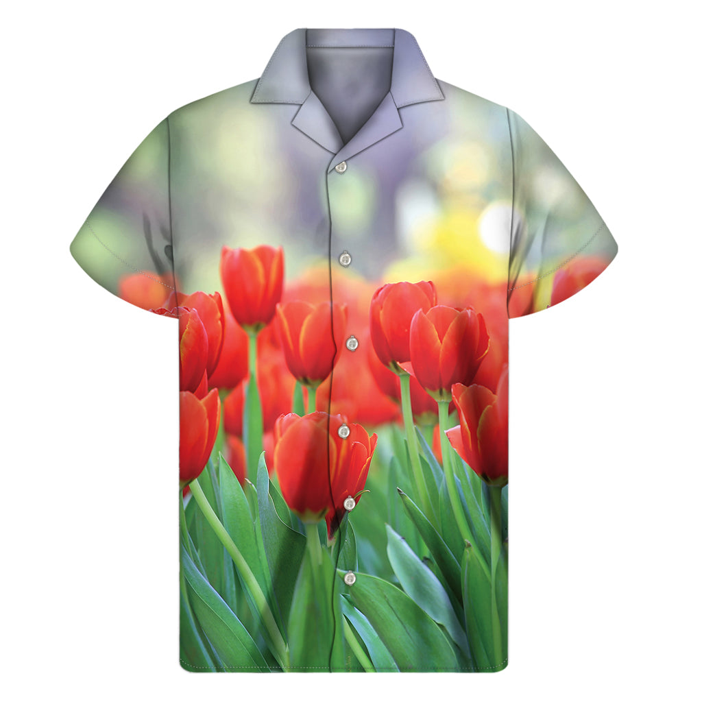 Red Tulip Print Men's Short Sleeve Shirt