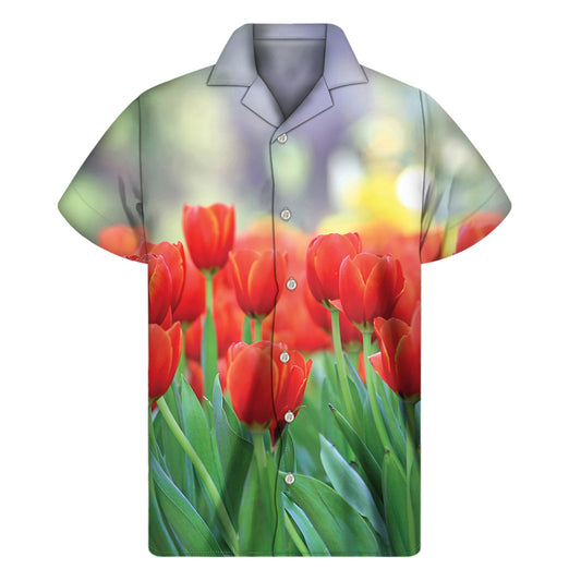 Red Tulip Print Men's Short Sleeve Shirt