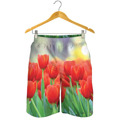 Red Tulip Print Men's Shorts