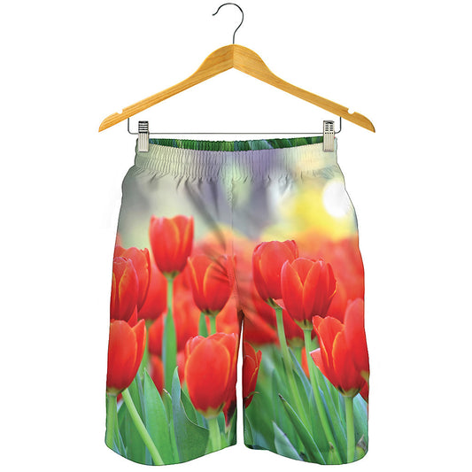 Red Tulip Print Men's Shorts