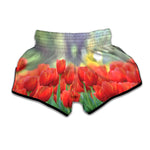 Red Tulip Print Muay Thai Boxing Shorts