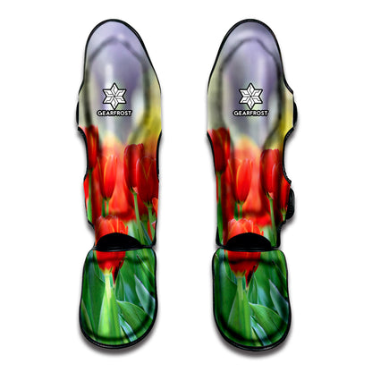 Red Tulip Print Muay Thai Shin Guard