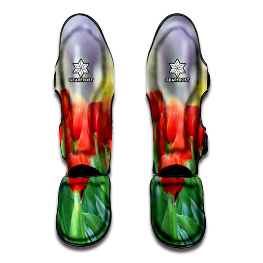 Red Tulip Print Muay Thai Shin Guard