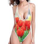 Red Tulip Print One Piece High Cut Swimsuit