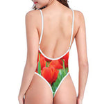 Red Tulip Print One Piece High Cut Swimsuit