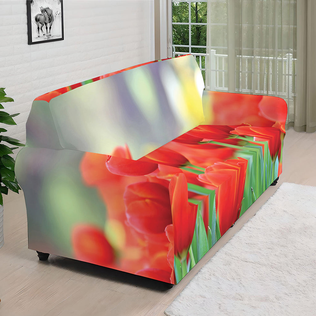 Red Tulip Print Sofa Cover