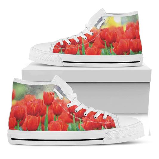 Red Tulip Print White High Top Shoes