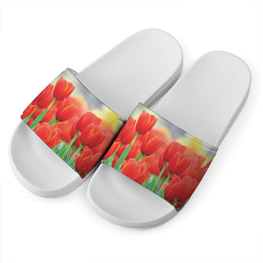 Red Tulip Print White Slide Sandals