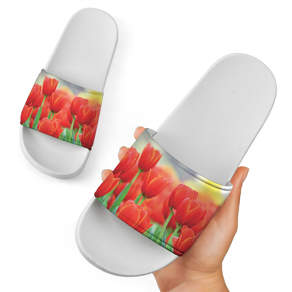 Red Tulip Print White Slide Sandals