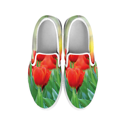 Red Tulip Print White Slip On Shoes
