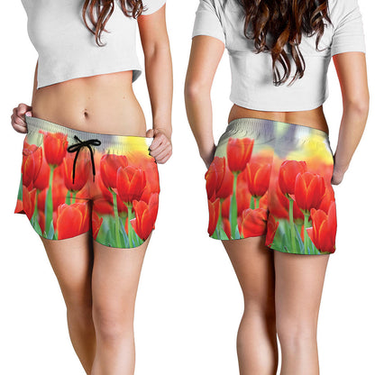 Red Tulip Print Women's Shorts