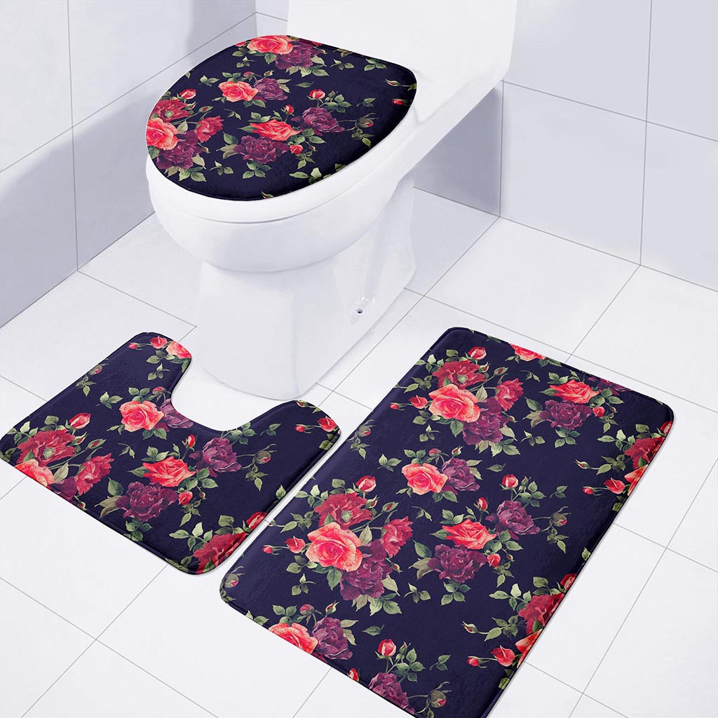 Red Violet Roses Floral Pattern Print 3 Piece Bath Mat Set