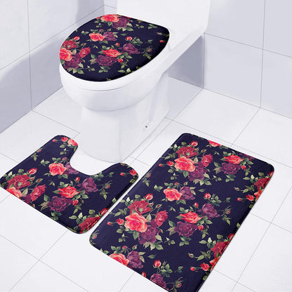 Red Violet Roses Floral Pattern Print 3 Piece Bath Mat Set