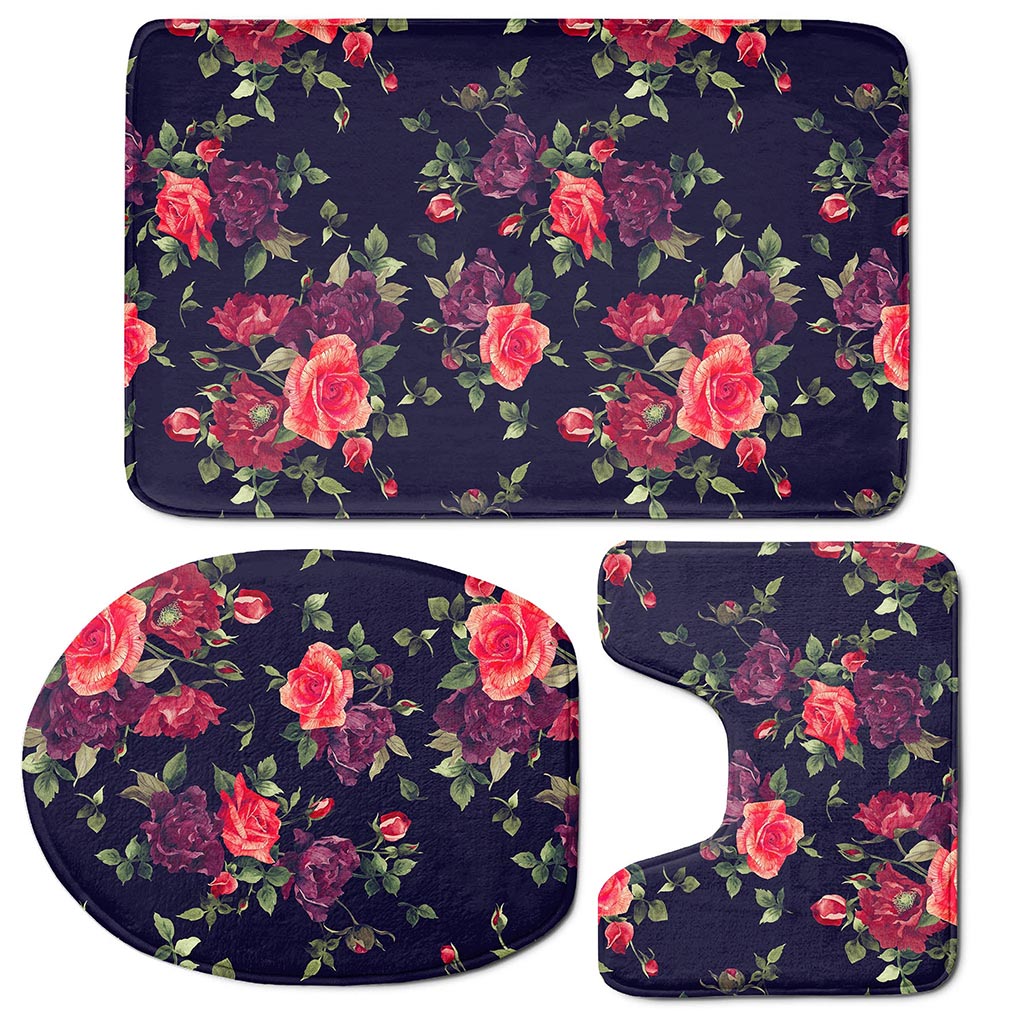 Red Violet Roses Floral Pattern Print 3 Piece Bath Mat Set