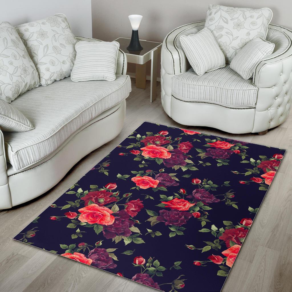 Red Violet Roses Floral Pattern Print Area Rug GearFrost