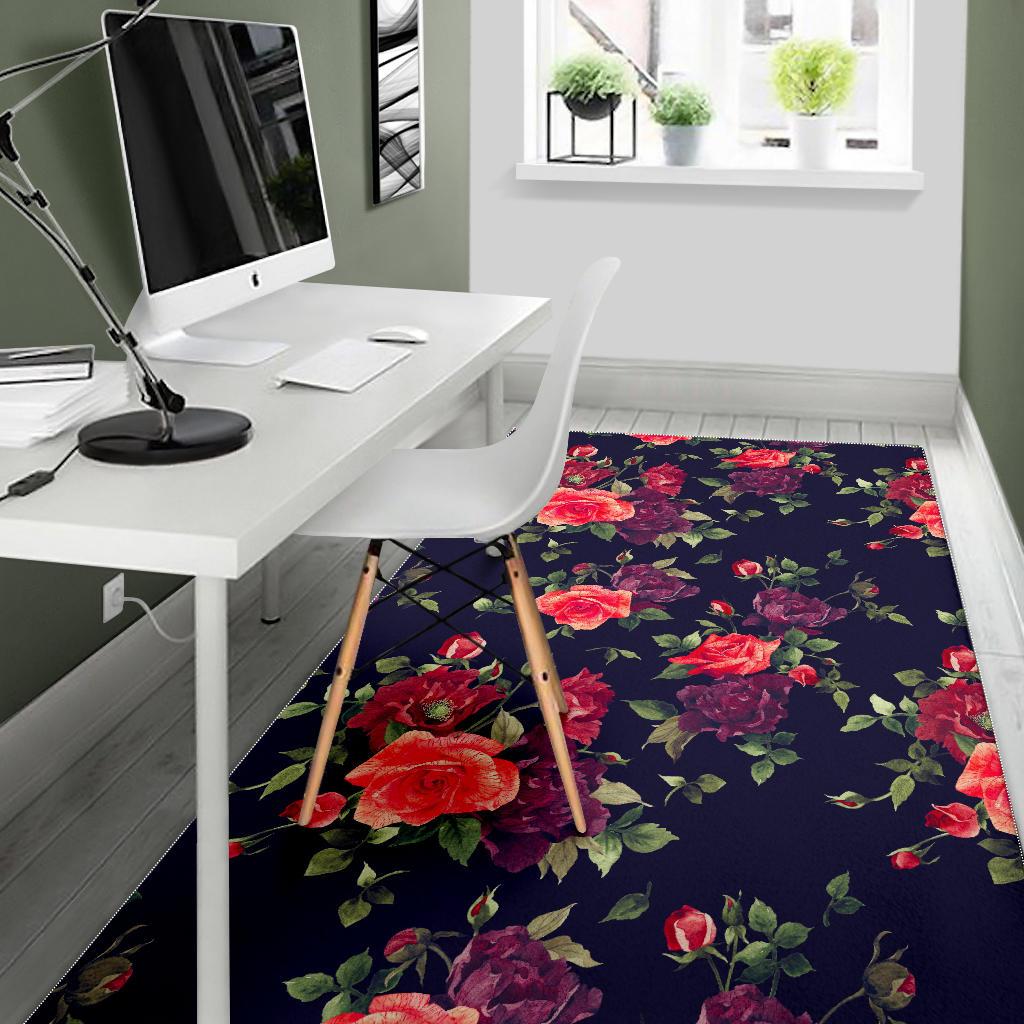 Red Violet Roses Floral Pattern Print Area Rug GearFrost