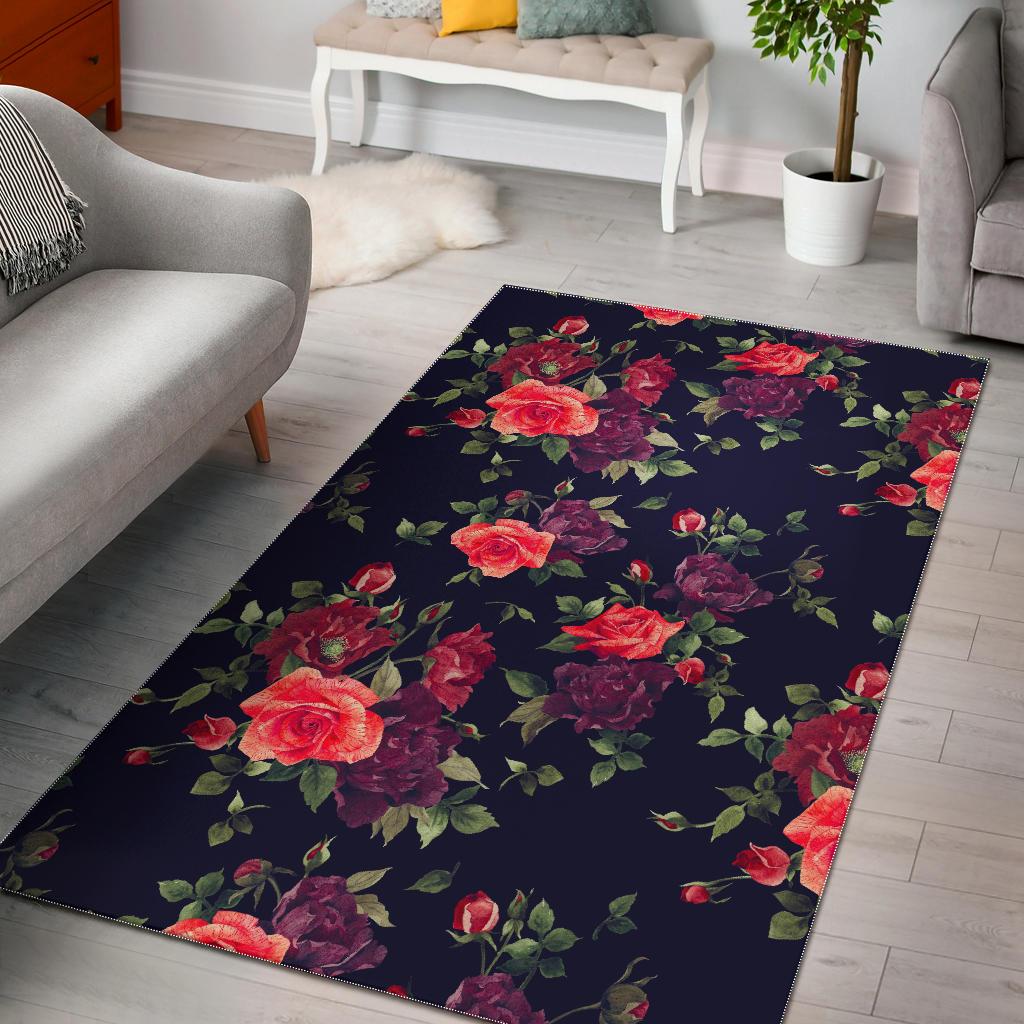 Red Violet Roses Floral Pattern Print Area Rug GearFrost