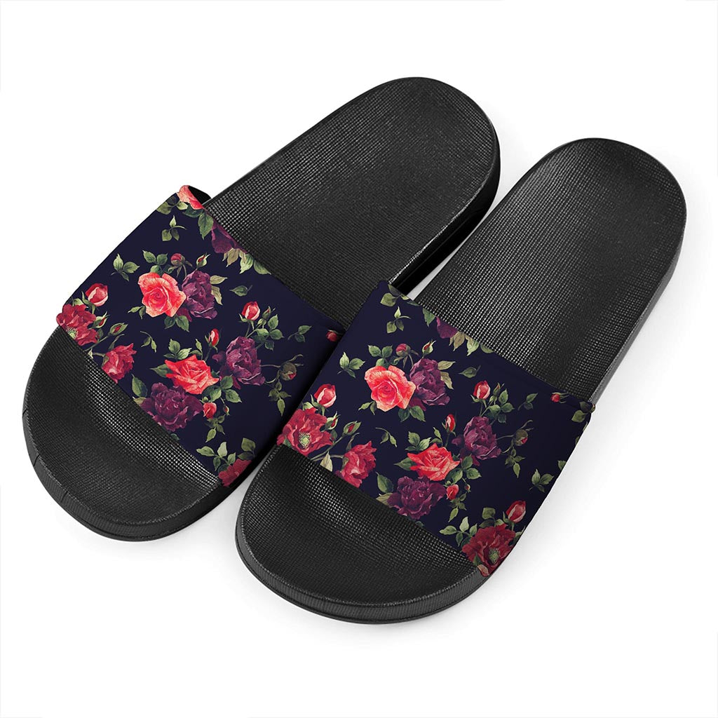 Red Violet Roses Floral Pattern Print Black Slide Sandals