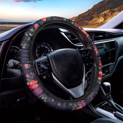 Red Violet Roses Floral Pattern Print Car Steering Wheel Cover