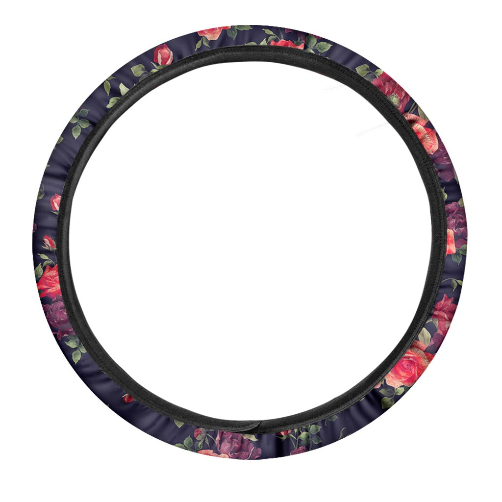 Red Violet Roses Floral Pattern Print Car Steering Wheel Cover