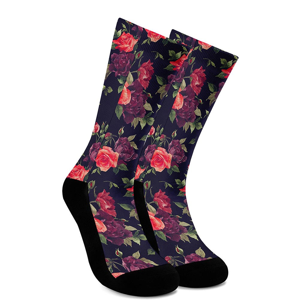 Red Violet Roses Floral Pattern Print Crew Socks