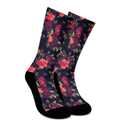 Red Violet Roses Floral Pattern Print Crew Socks