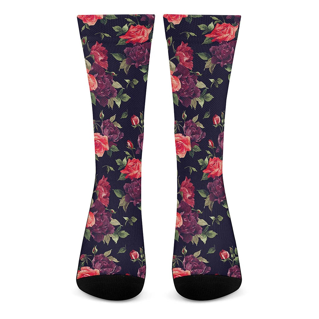 Red Violet Roses Floral Pattern Print Crew Socks