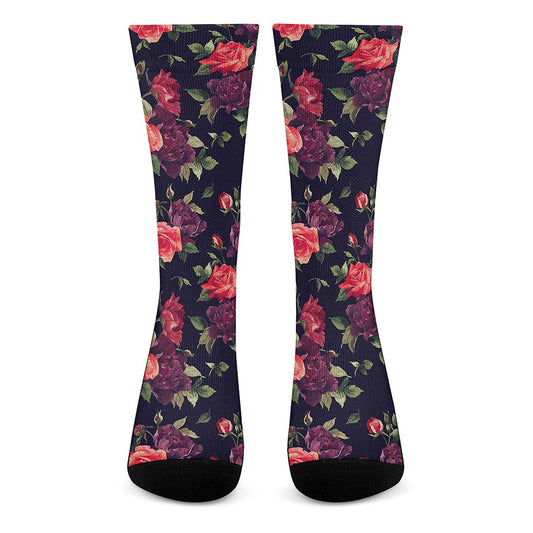 Red Violet Roses Floral Pattern Print Crew Socks