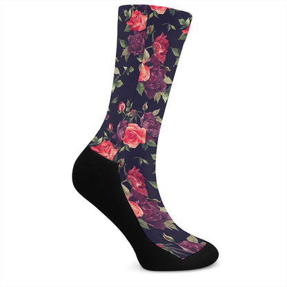 Red Violet Roses Floral Pattern Print Crew Socks