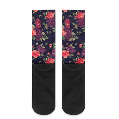 Red Violet Roses Floral Pattern Print Crew Socks