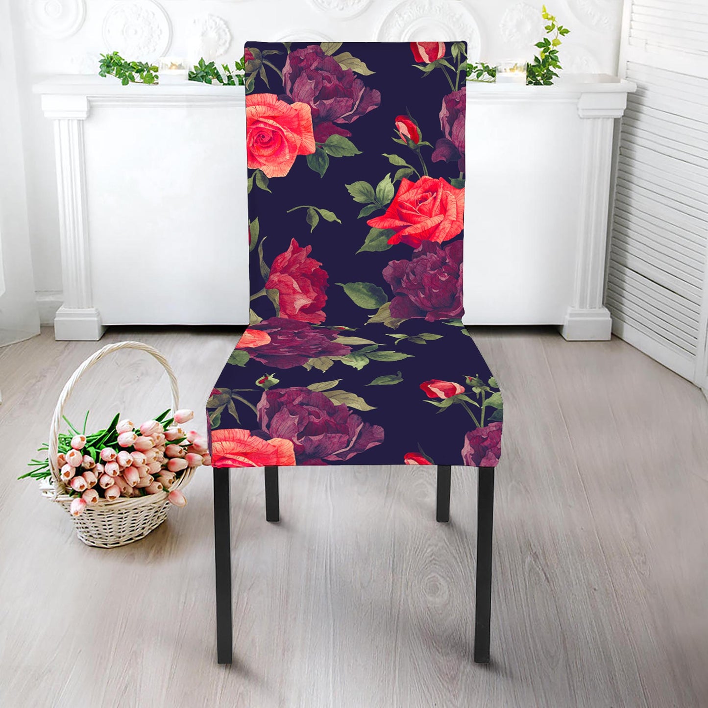 Red Violet Roses Floral Pattern Print Dining Chair Slipcover