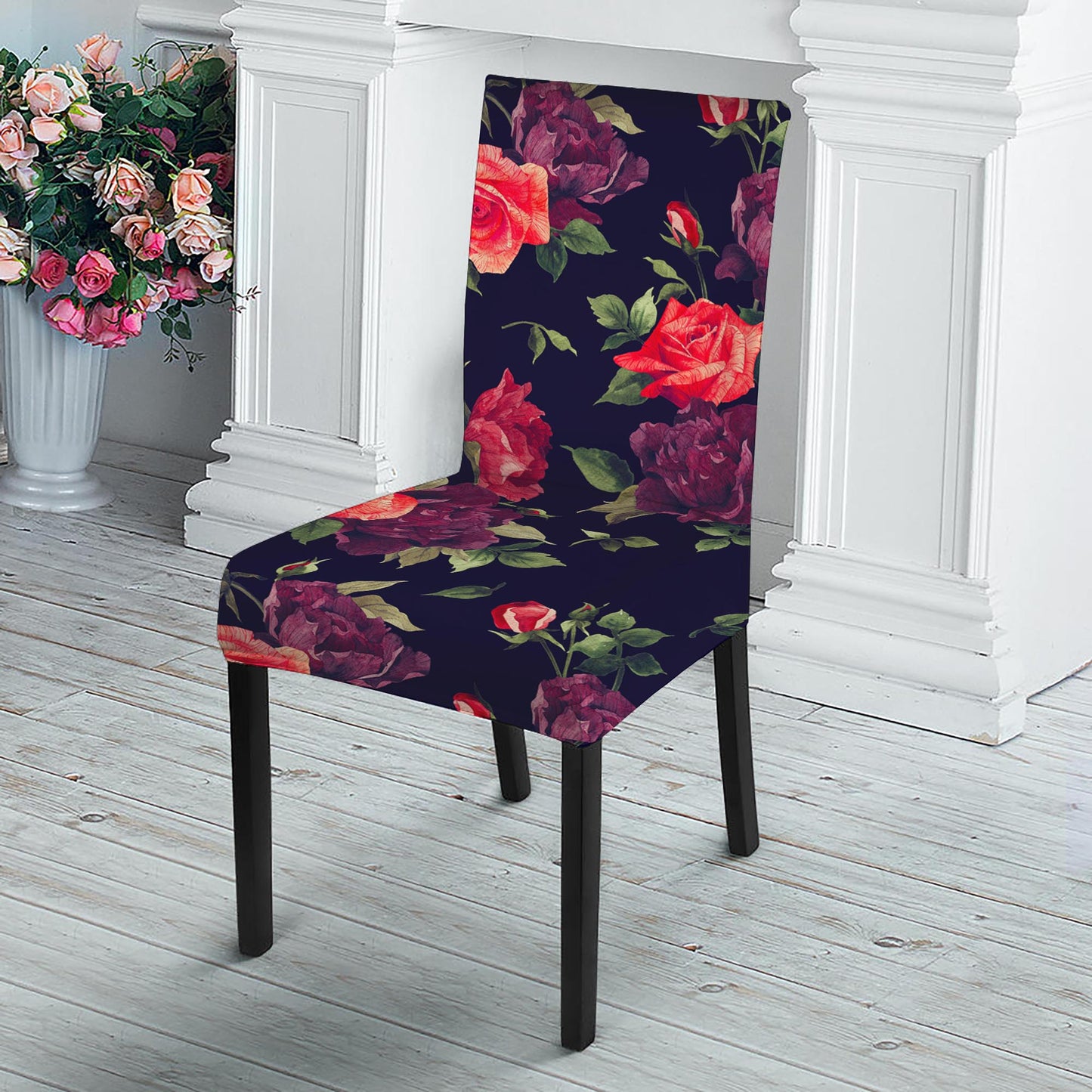 Red Violet Roses Floral Pattern Print Dining Chair Slipcover