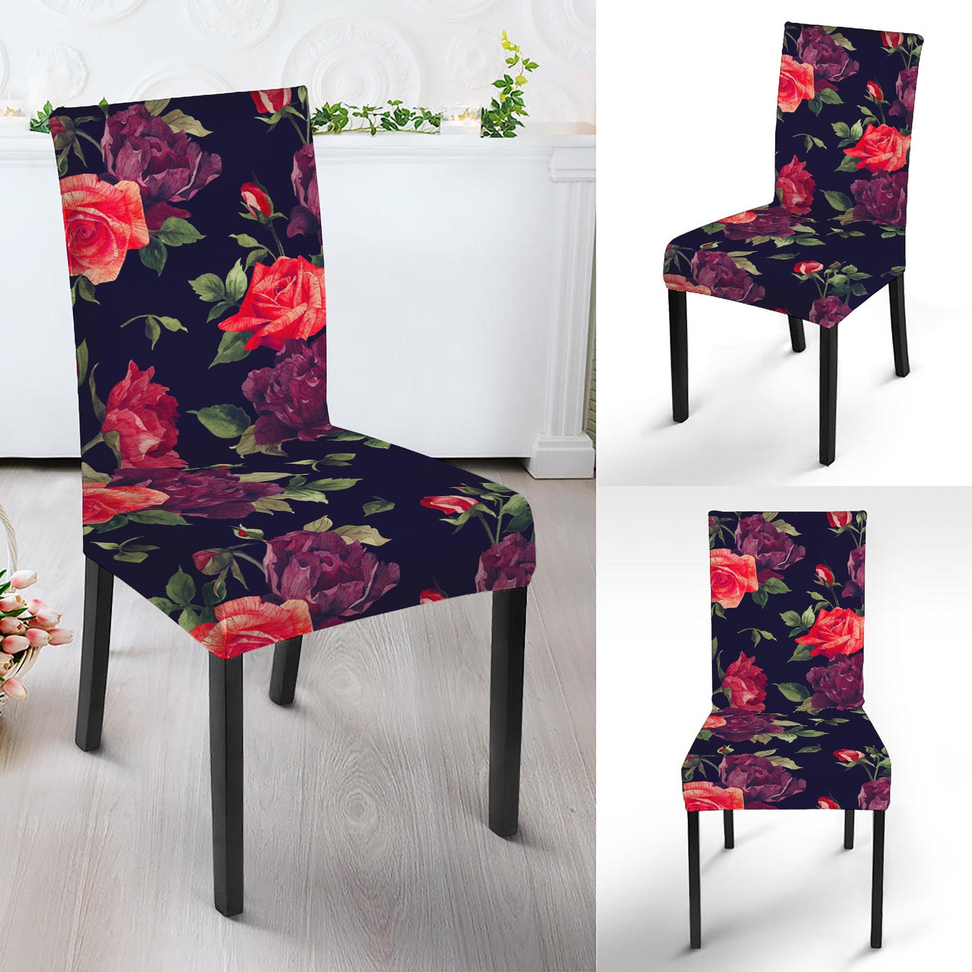 Red Violet Roses Floral Pattern Print Dining Chair Slipcover