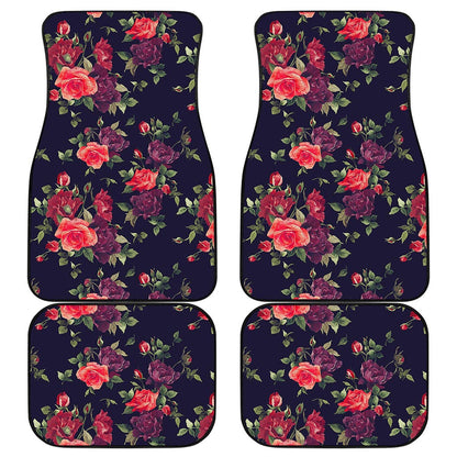Red Violet Roses Floral Pattern Print Front and Back Car Floor Mats