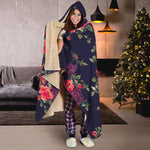 Red Violet Roses Floral Pattern Print Hooded Blanket