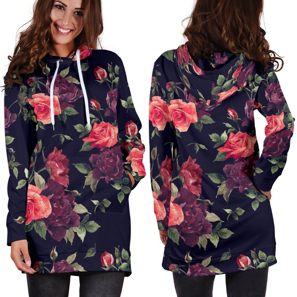 Red Violet Roses Floral Pattern Print Hoodie Dress GearFrost