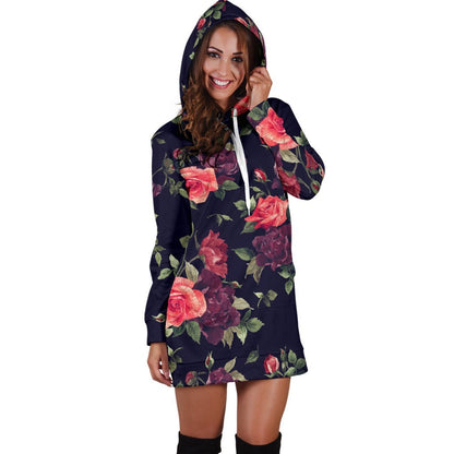 Red Violet Roses Floral Pattern Print Hoodie Dress GearFrost