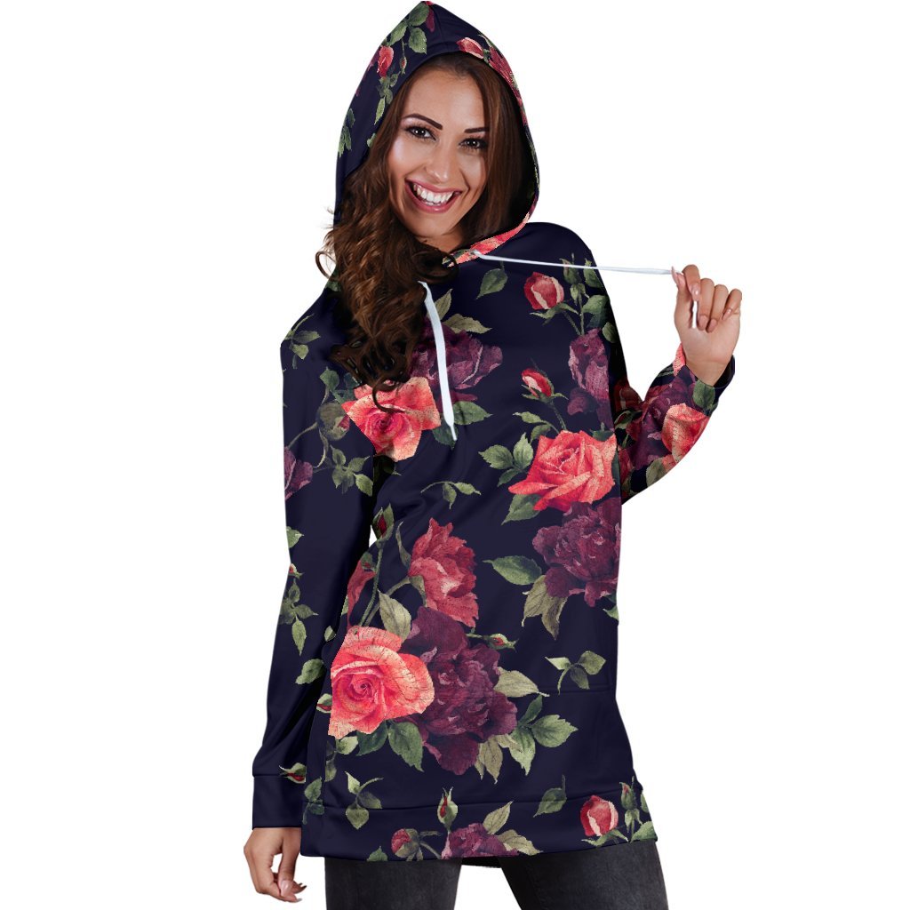 Red Violet Roses Floral Pattern Print Hoodie Dress GearFrost