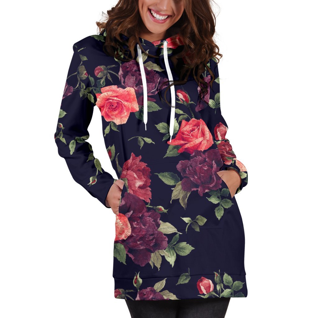 Red Violet Roses Floral Pattern Print Hoodie Dress GearFrost