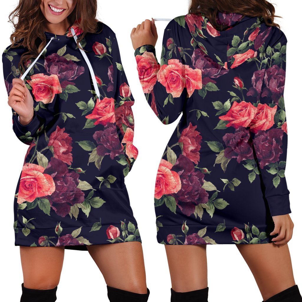 Red Violet Roses Floral Pattern Print Hoodie Dress GearFrost