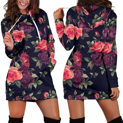 Red Violet Roses Floral Pattern Print Hoodie Dress GearFrost
