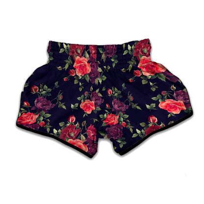 Red Violet Roses Floral Pattern Print Muay Thai Boxing Shorts
