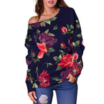 Red Violet Roses Floral Pattern Print Off Shoulder Sweatshirt GearFrost