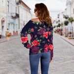 Red Violet Roses Floral Pattern Print Off Shoulder Sweatshirt GearFrost