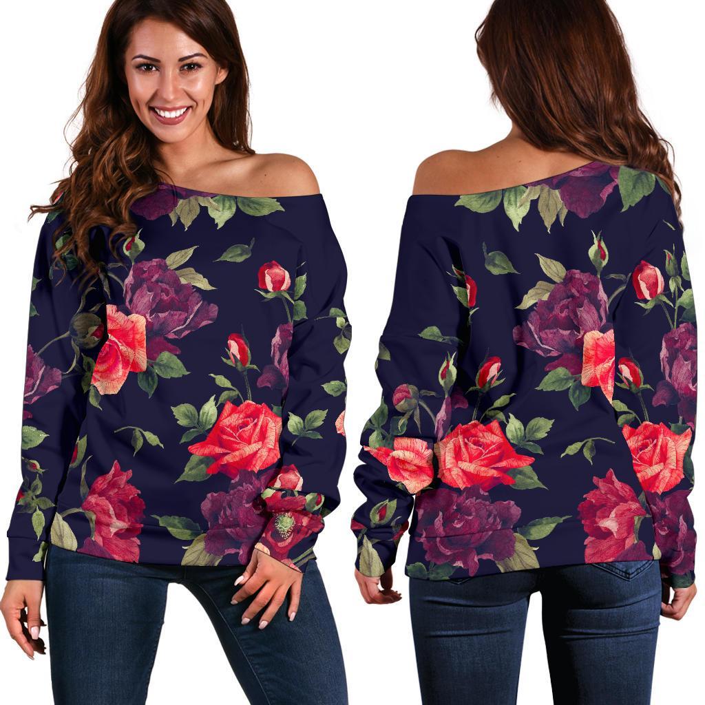 Red Violet Roses Floral Pattern Print Off Shoulder Sweatshirt GearFrost