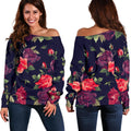 Red Violet Roses Floral Pattern Print Off The Shoulder Sweatshirt